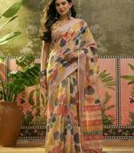 cream linen cotton blend digital printed leaf motif saree