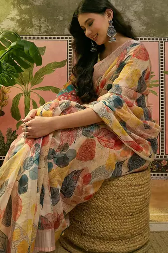cream linen cotton blend digital printed leaf motif saree