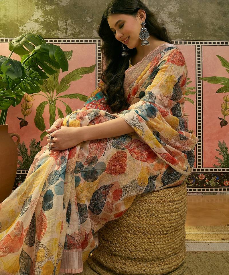 cream linen cotton blend digital printed leaf motif saree
