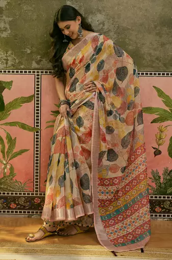 cream linen cotton blend digital printed leaf motif saree