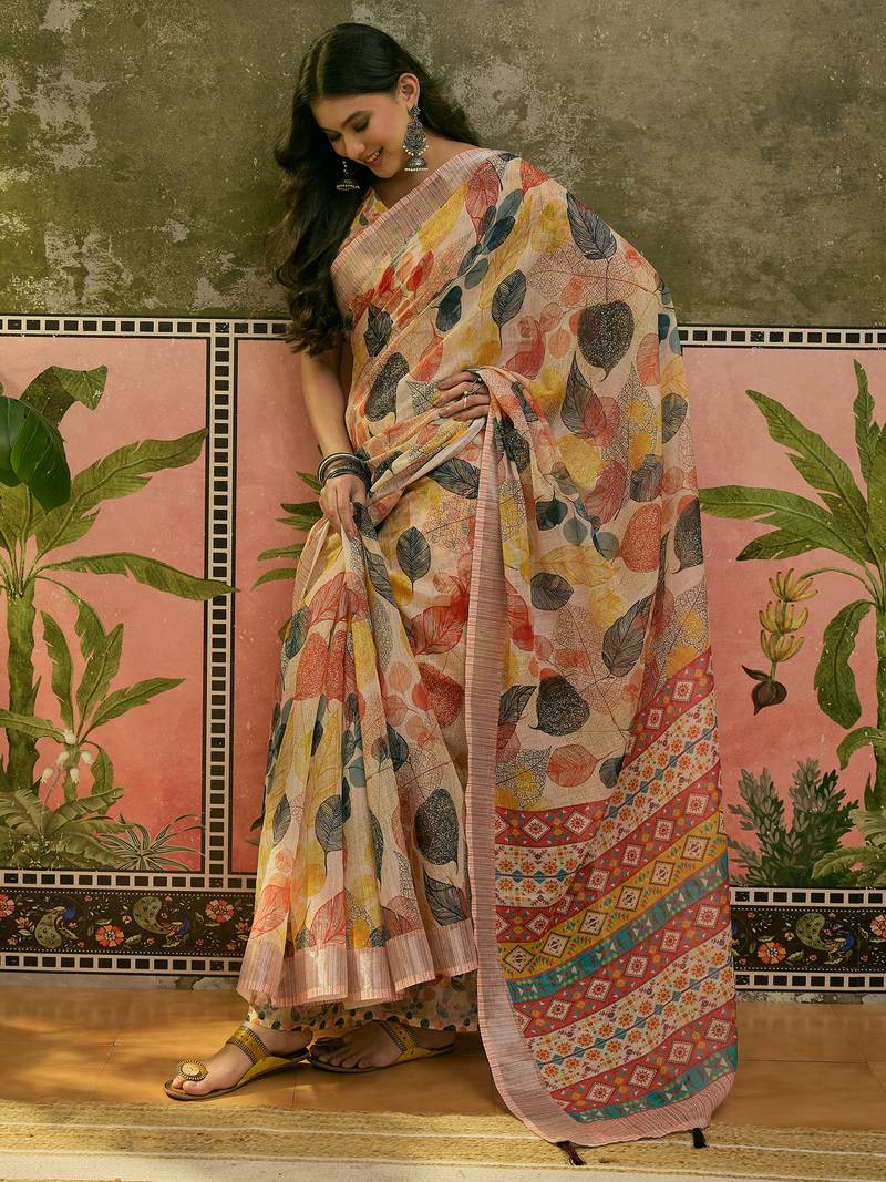 cream linen cotton blend digital printed leaf motif saree