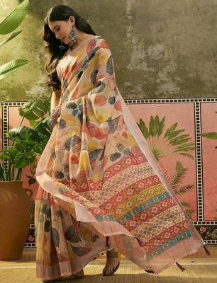 cream linen cotton blend digital printed leaf motif saree 4