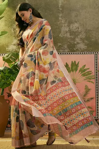 cream linen cotton blend digital printed leaf motif saree