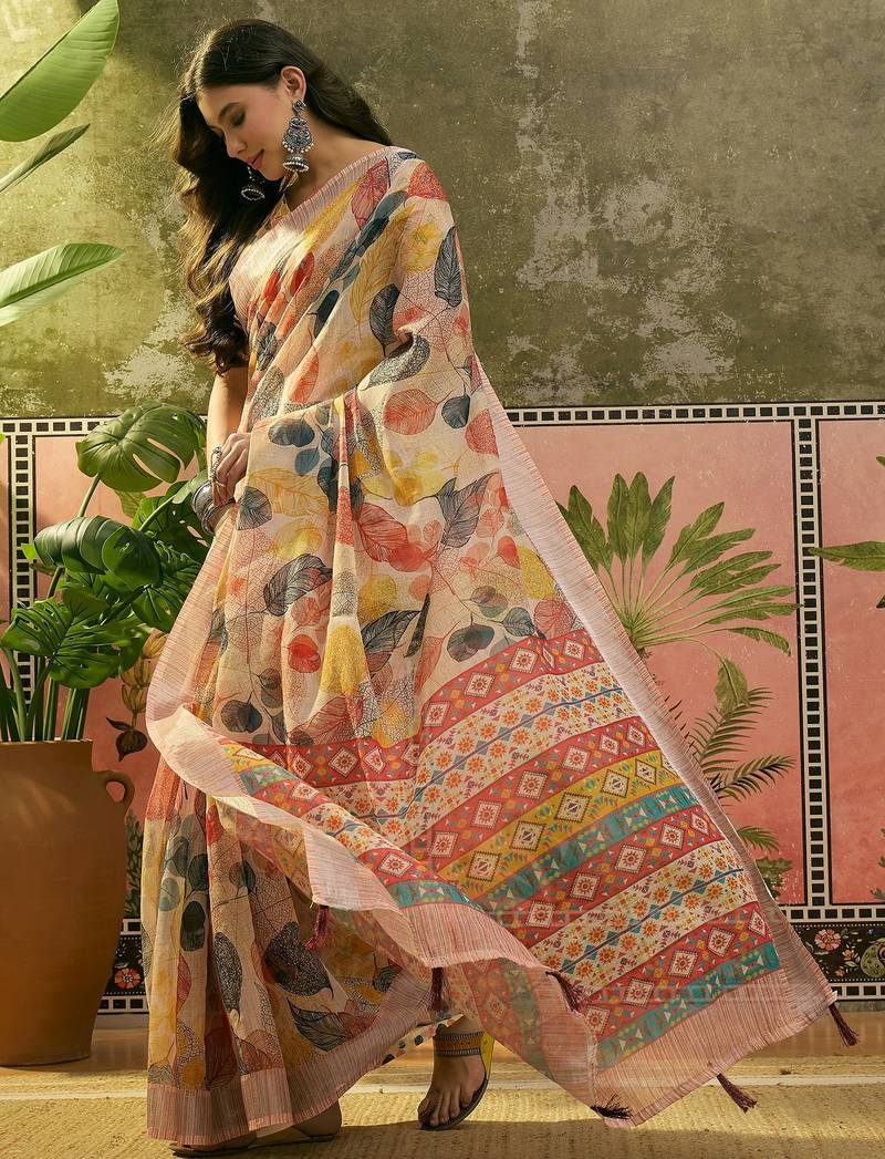 cream linen cotton blend digital printed leaf motif saree