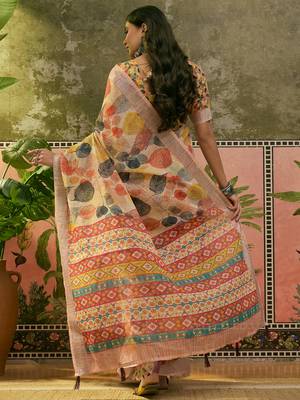 cream linen cotton blend digital printed leaf motif saree 5