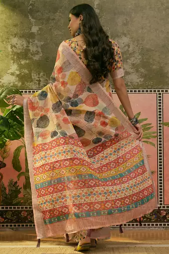 cream linen cotton blend digital printed leaf motif saree