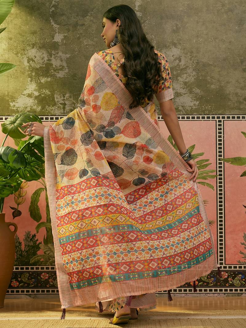 cream linen cotton blend digital printed leaf motif saree