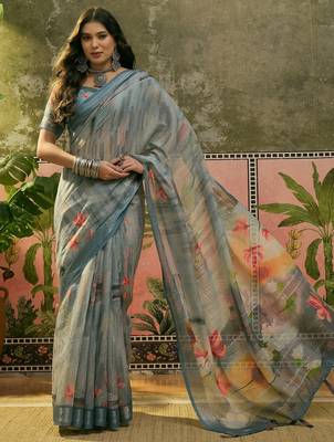 steel grey linen cotton blend digital printed floral saree 1