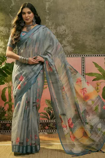steel grey linen cotton blend digital printed floral saree