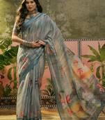 steel grey linen cotton blend digital printed floral saree