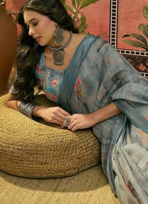 steel grey linen cotton blend digital printed floral saree 2