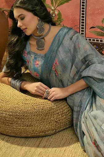 steel grey linen cotton blend digital printed floral saree