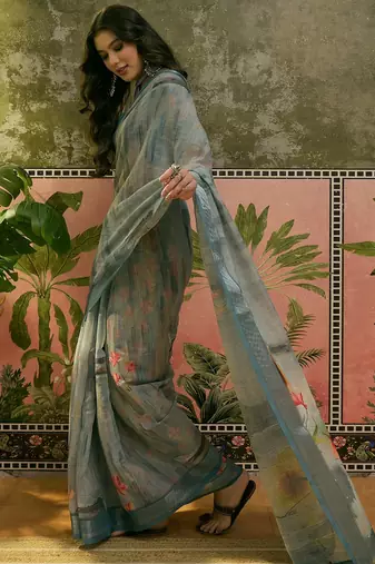 steel grey linen cotton blend digital printed floral saree