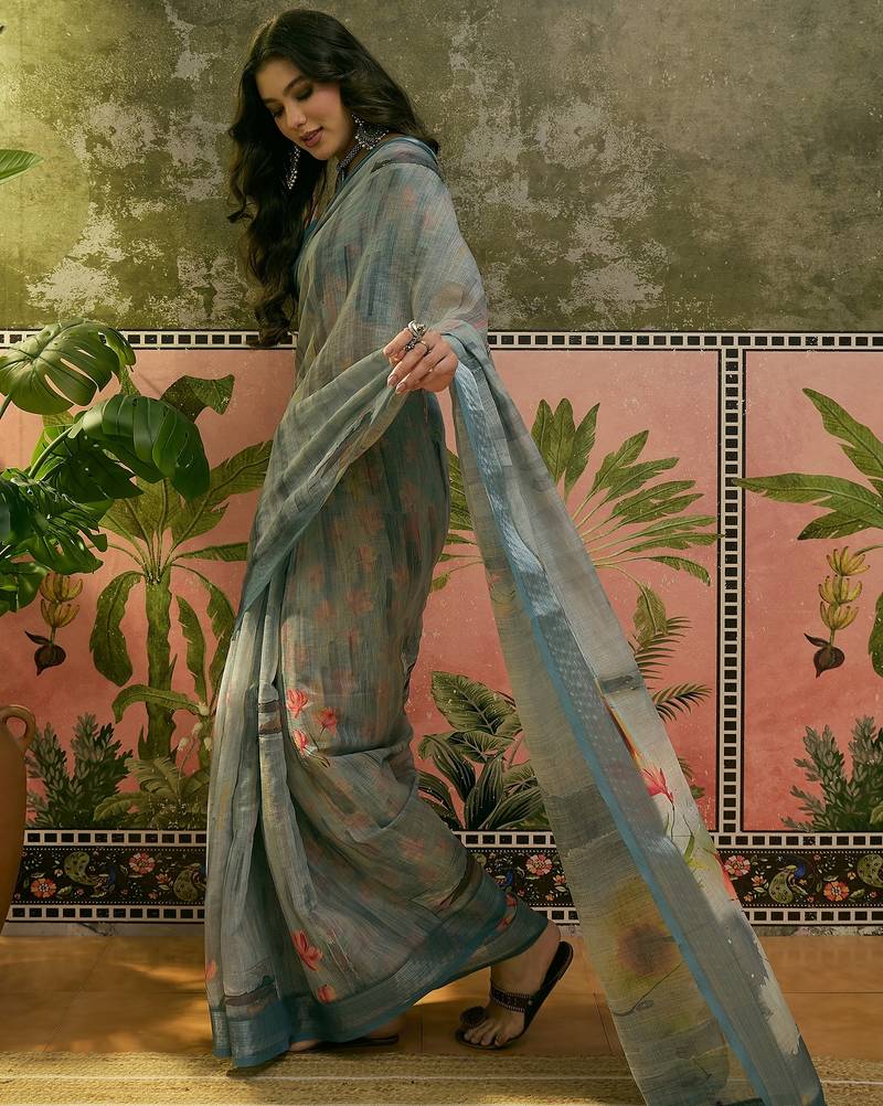 steel grey linen cotton blend digital printed floral saree