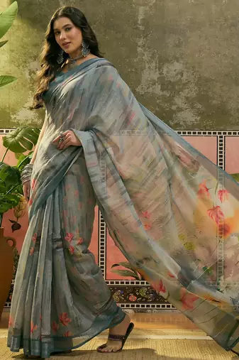 steel grey linen cotton blend digital printed floral saree