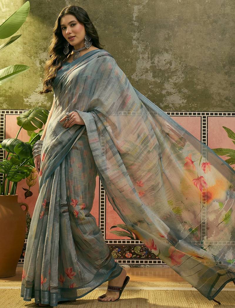 steel grey linen cotton blend digital printed floral saree