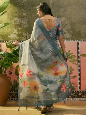 steel grey linen cotton blend digital printed floral saree 5