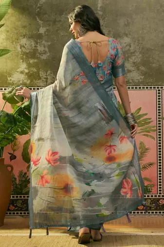 steel grey linen cotton blend digital printed floral saree