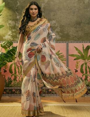 beige linen cotton blend digital printed leaf motif saree 1