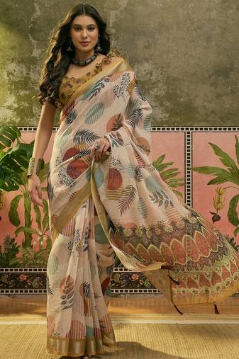 beige linen cotton blend digital printed leaf motif saree