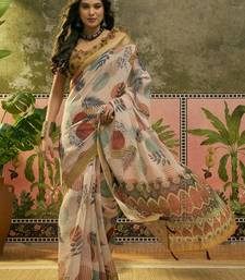 beige linen cotton blend digital printed leaf motif saree