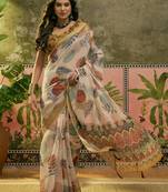 beige linen cotton blend digital printed leaf motif saree