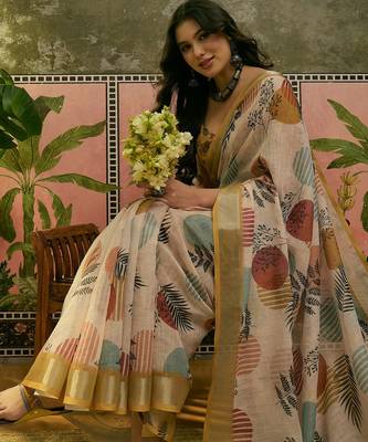 beige linen cotton blend digital printed leaf motif saree 2