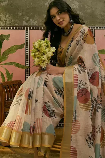beige linen cotton blend digital printed leaf motif saree