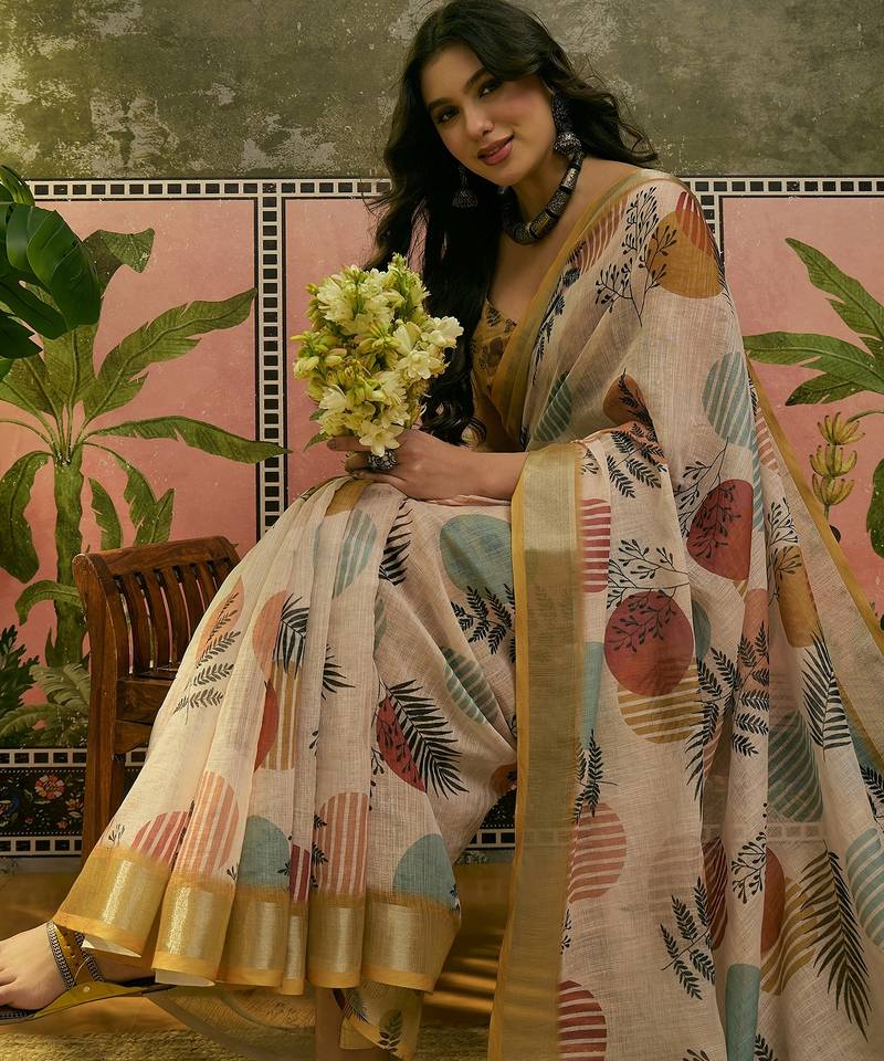 beige linen cotton blend digital printed leaf motif saree