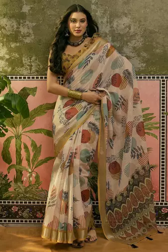 beige linen cotton blend digital printed leaf motif saree