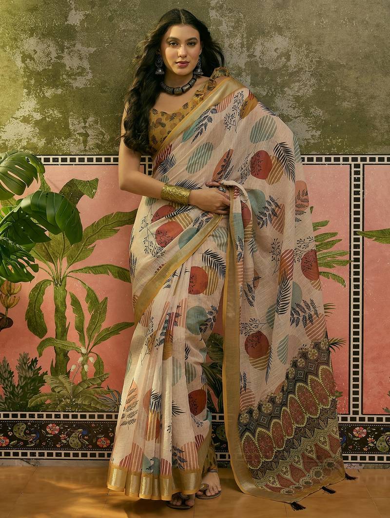 beige linen cotton blend digital printed leaf motif saree