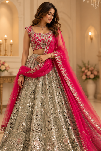 olive Green sequins dori zari georgettete lehenga Choli set 