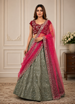 olive Green sequins dori zari georgettete lehenga Choli set  1