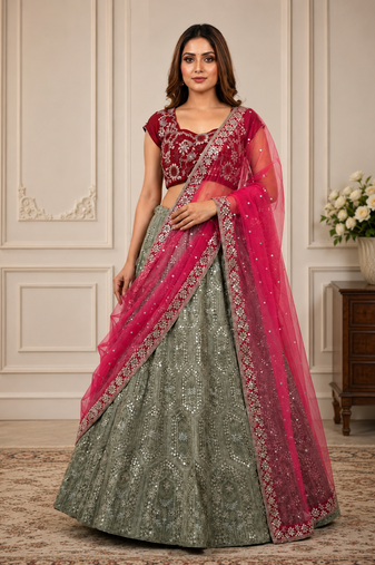 olive Green sequins dori zari georgettete lehenga Choli set 