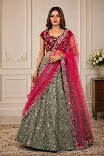 olive Green sequins dori zari georgettete lehenga Choli set 