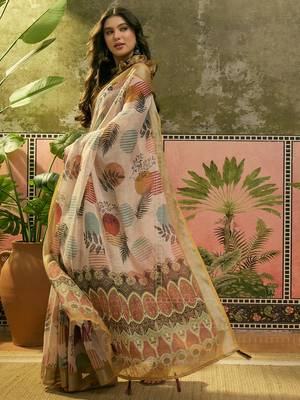 beige linen cotton blend digital printed leaf motif saree 4
