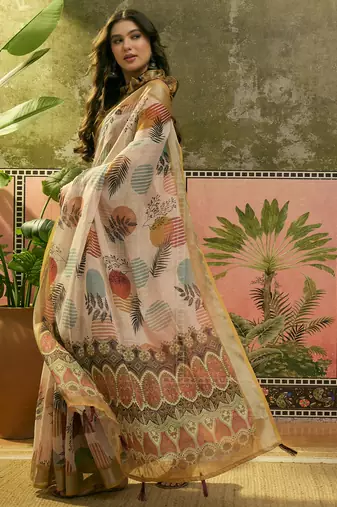 beige linen cotton blend digital printed leaf motif saree