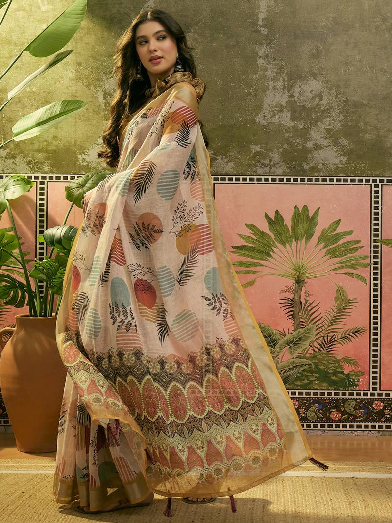 beige linen cotton blend digital printed leaf motif saree