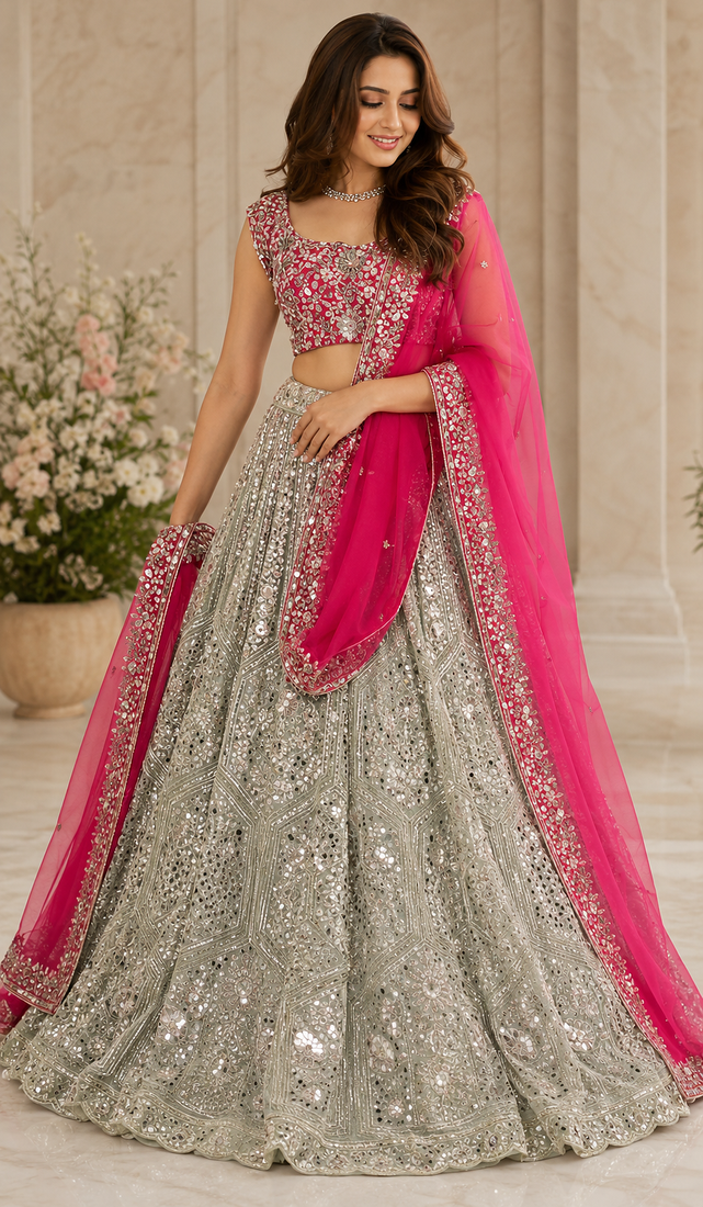 olive Green color sequins dori zari work georgettete lehenga Choli set 