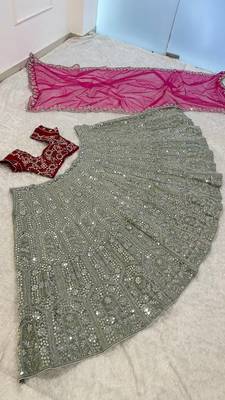 olive Green color sequins dori zari work georgettete lehenga Choli set  3