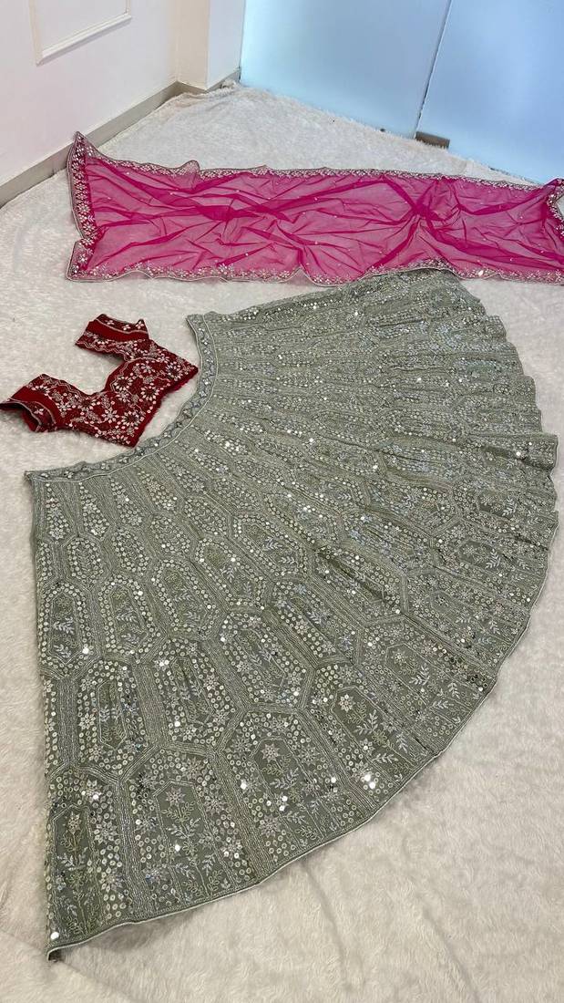 olive Green color sequins dori zari work georgettete lehenga Choli set 