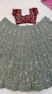 olive Green color sequins dori zari work georgettete lehenga Choli set  4
