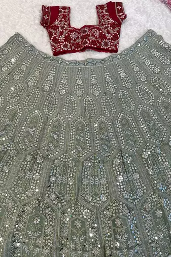 olive Green color sequins dori zari work georgettete lehenga Choli set 