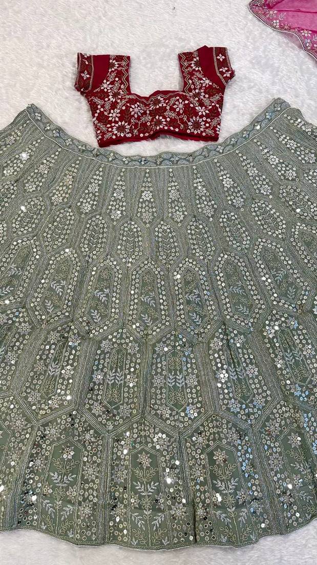 olive Green color sequins dori zari work georgettete lehenga Choli set 