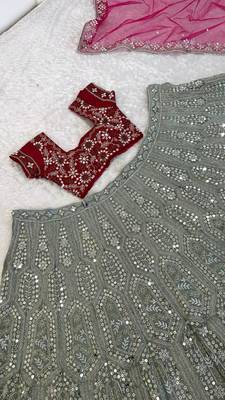 olive Green color sequins dori zari work georgettete lehenga Choli set  5