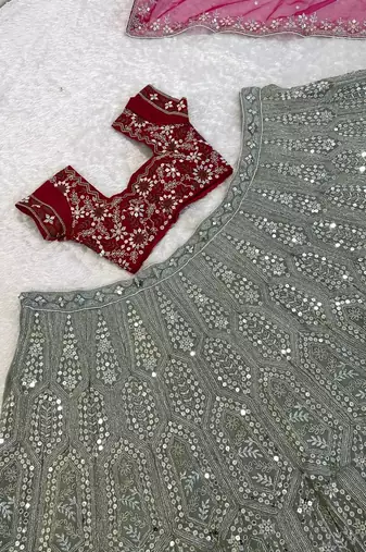 olive Green color sequins dori zari work georgettete lehenga Choli set 
