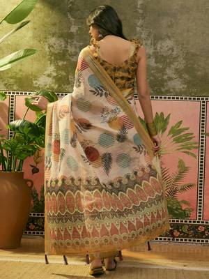 beige linen cotton blend digital printed leaf motif saree 5