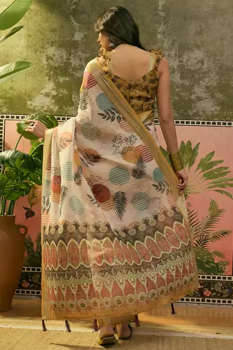 beige linen cotton blend digital printed leaf motif saree