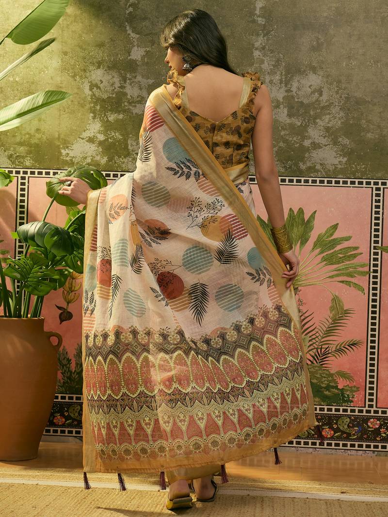 beige linen cotton blend digital printed leaf motif saree