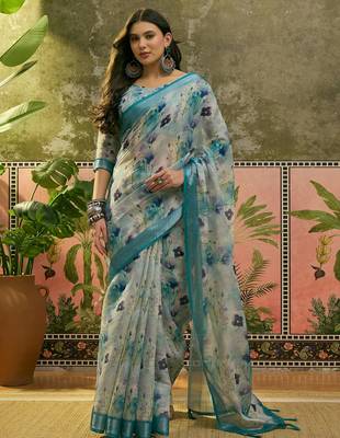 pastel blue linen cotton blend digital printed floral saree 1